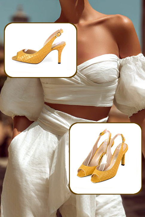 Dress heels peep-toe slingback in mustard yellow leather with high slim heels and round toe - Worn view